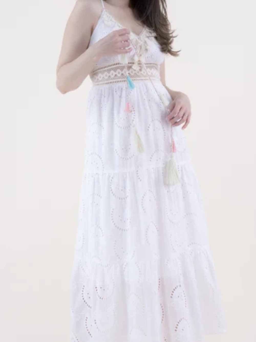 NWT Original Boutique White Eyelet Bohemian Dress with Tassel Detail Size Large